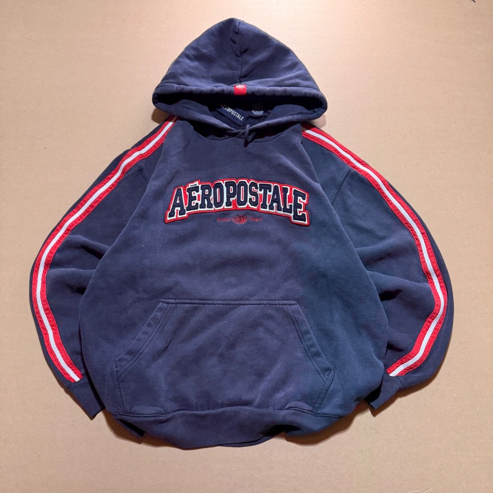 Vintage Aeropostale Pullover Hoodie Medium Navy Good Side Stripe Spellout Logo